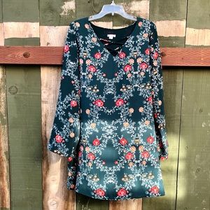 Green Floral Bell Sleeve Dress